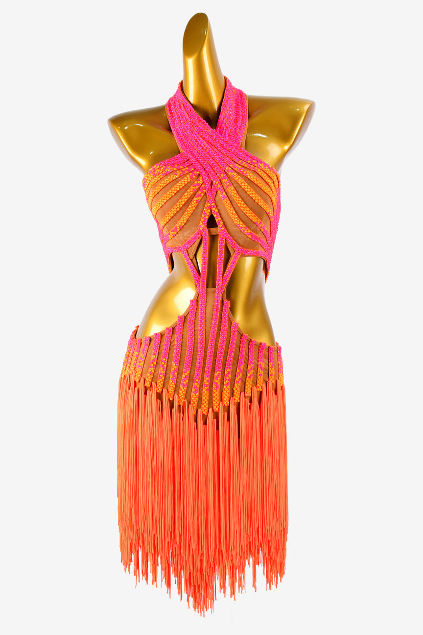 Permino fleshtone matt lycra Latin dress with fringes, fluorescent orange & sun orange rhinestone