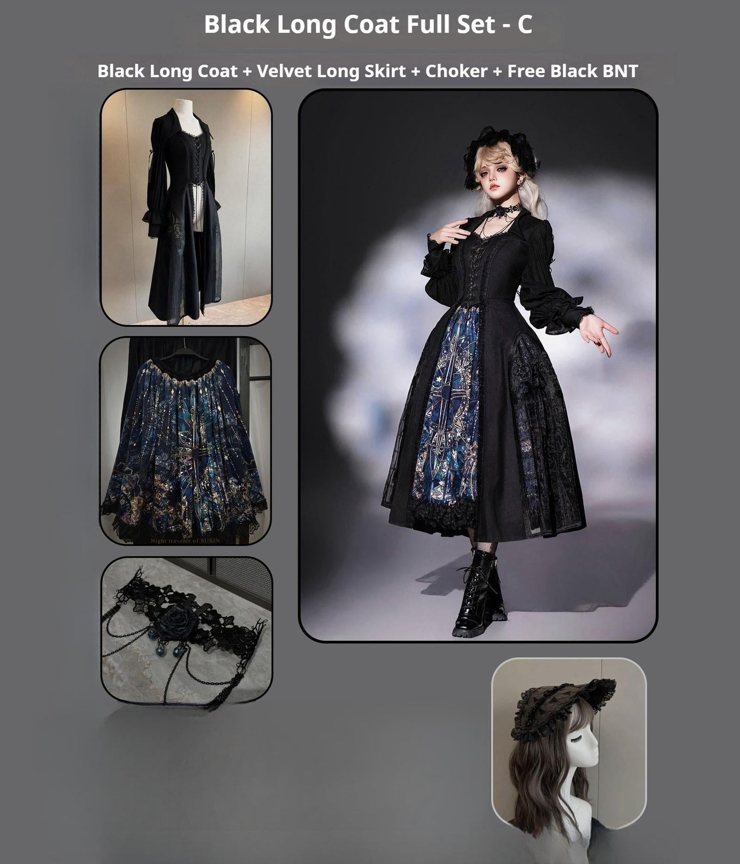 Susin Lolita~Night Traveler~Gothic Lolita Skirt Outfit Long Coat Shirt and Bustier Set