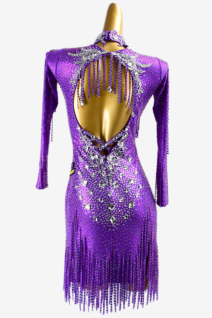 Permino bule violet metallic lycra Latin dress with stone fringes, lace appliqués, white crystals & sew-on stones