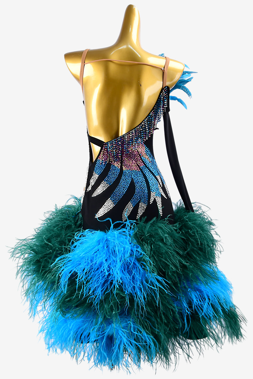 Permino black velvet Latin dress with rhinestones, beadings, tassels, blue&green feathers