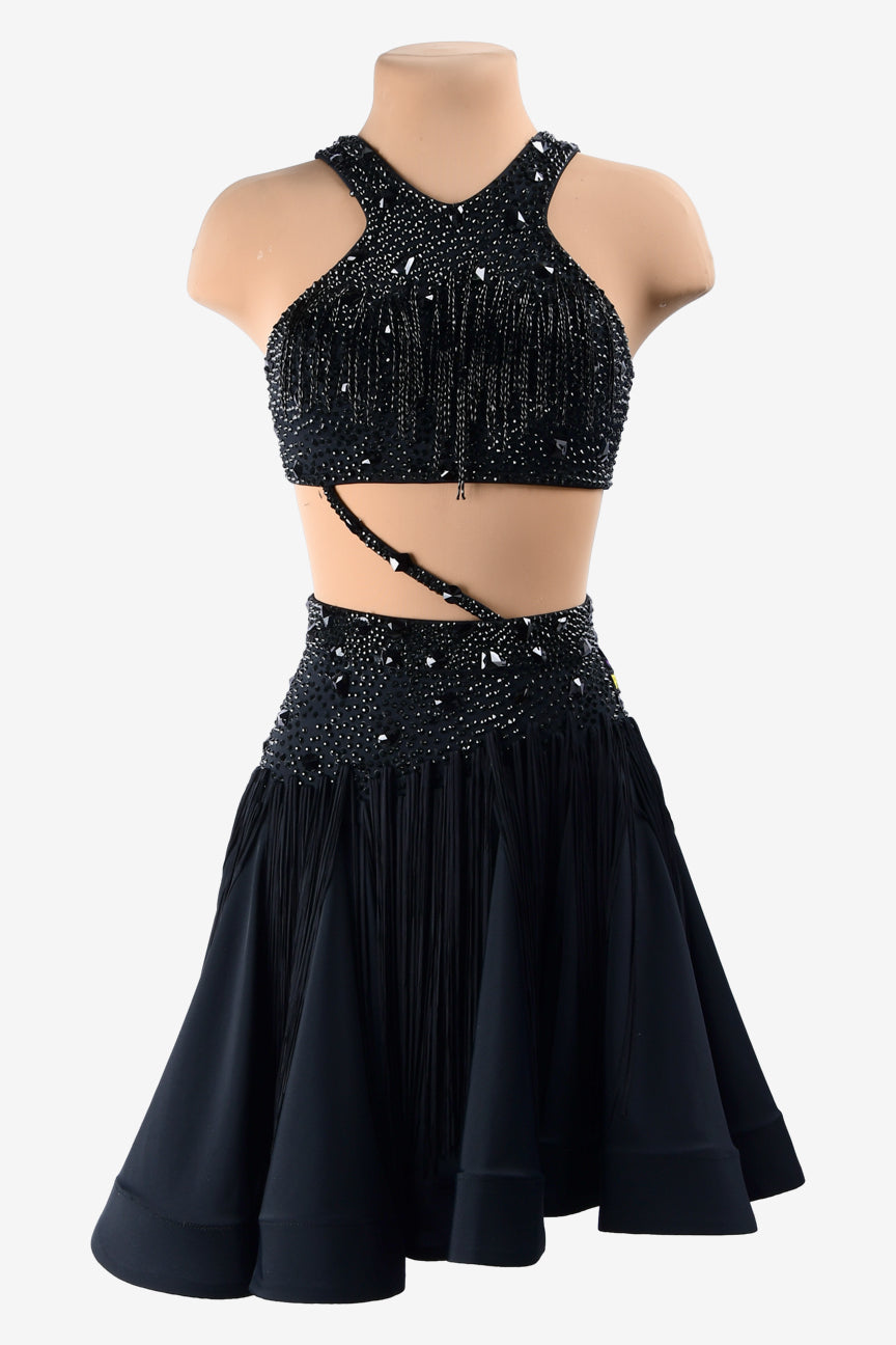 Permino black matt lycra Latin dress with beaded fringe, tassels, crystals & sew-on stones
