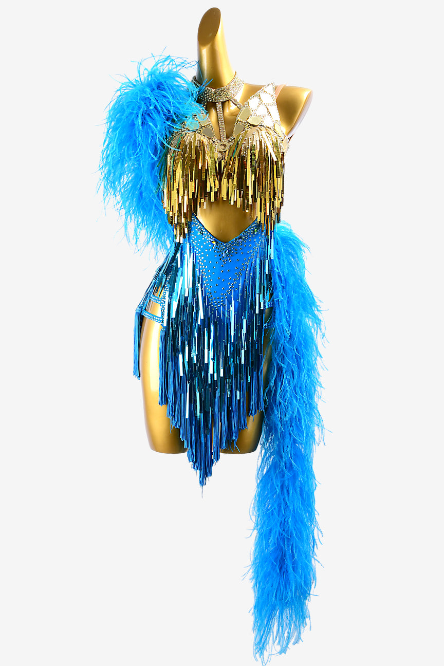 Permino dark sky blue Latin dress with sequins, gold stone mirrors, crystal AB, blue feathers & fringes