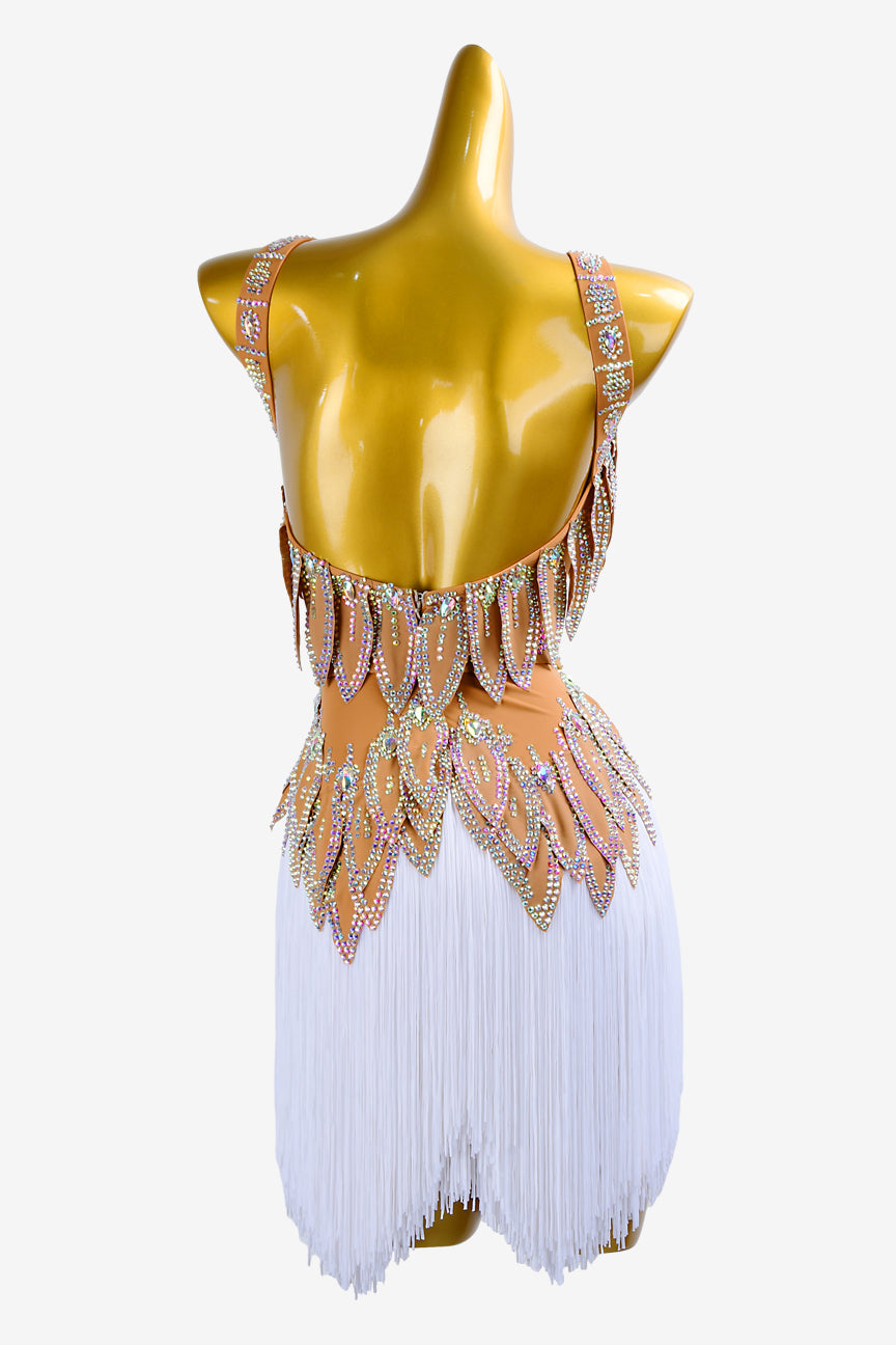 Permino peru matt lycra Latin dress with crystal AB and white fringes