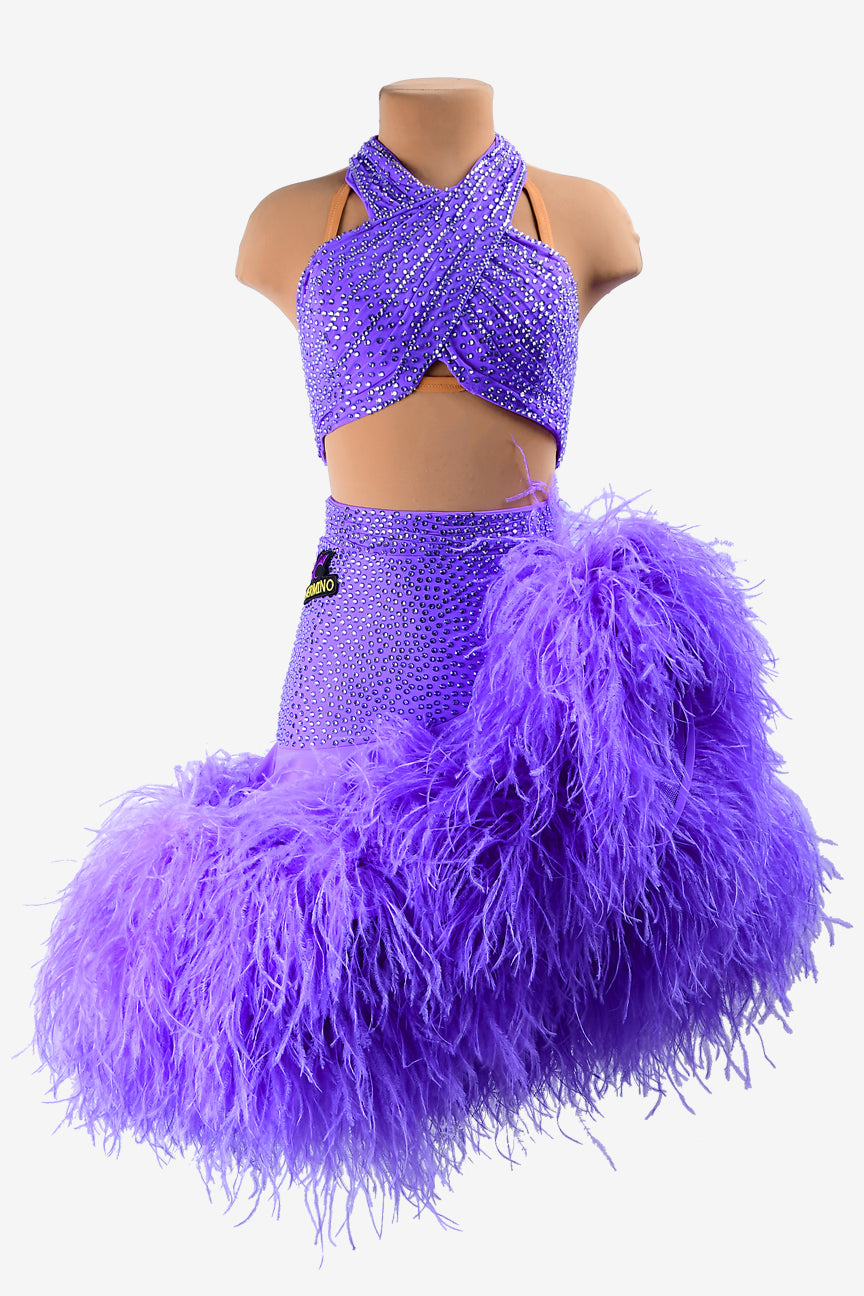 Permino medium purple matt lycra Latin dress with ruffle fishbone underskirt, feathers & rhinestones
