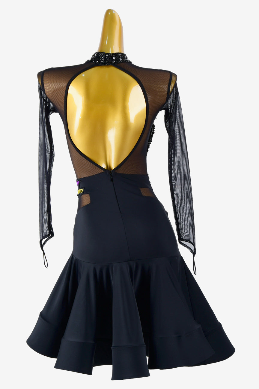 Permino black mesh Latin dress with ruffle fishbone underskirt, beadings, black rhinestone & sew-on stones