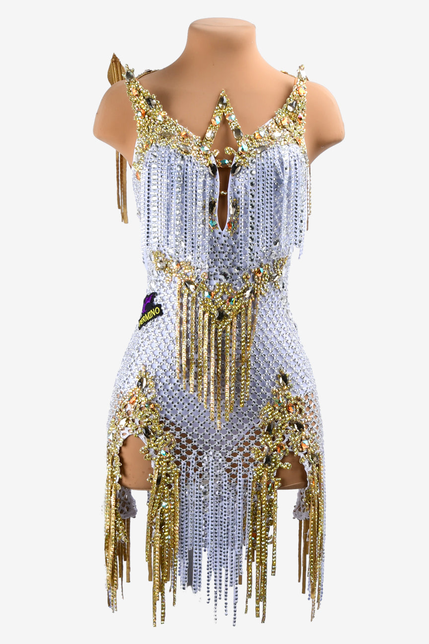 Permino white lustre lycra Latin dress with crystal fishnet, gold rhinestone appliqués, stone fringes, AB crystals & sew-on stones