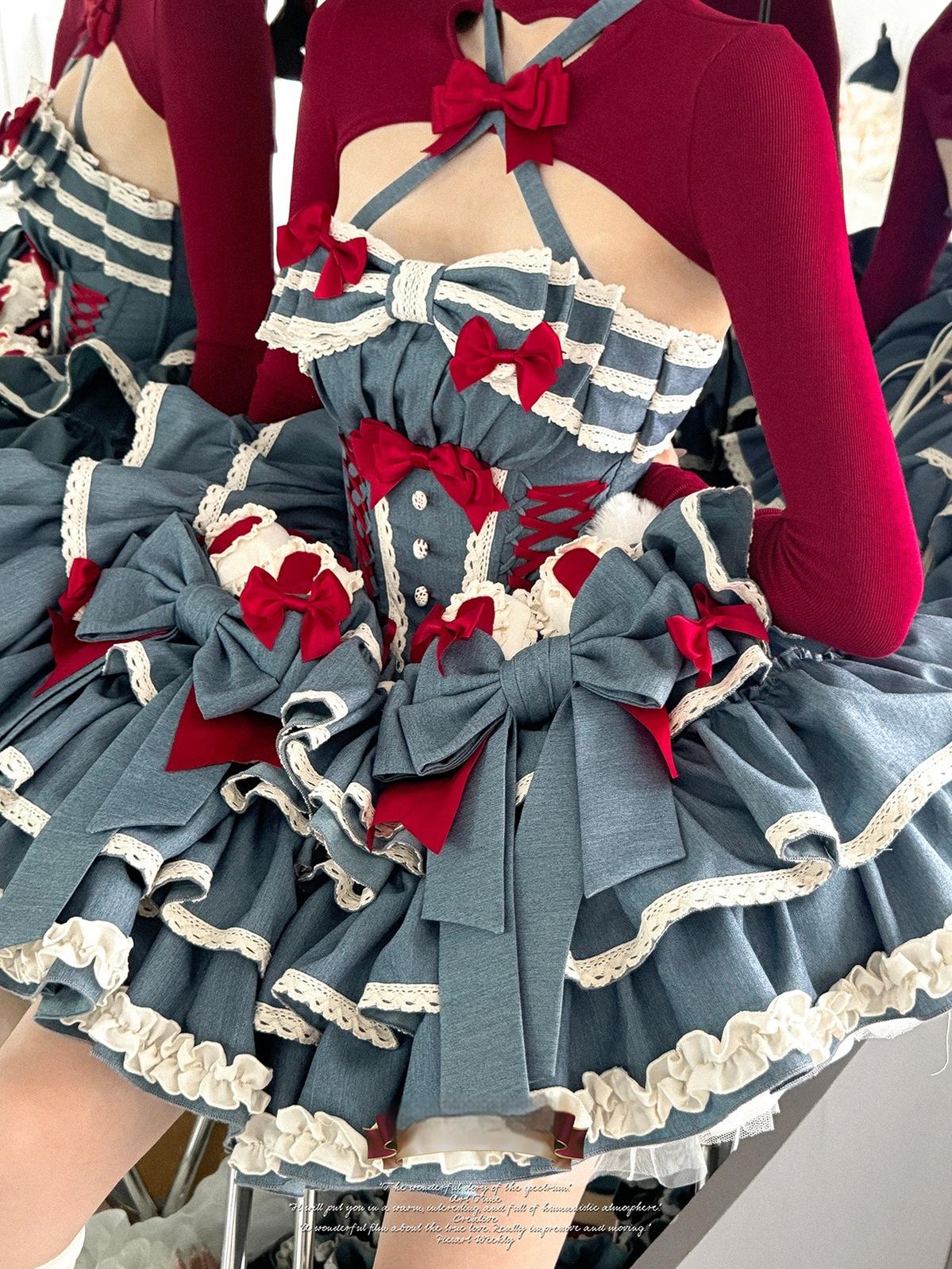 POSHEPOSE~First Cherry Rabbit~Sweet Lolita Dress Halter Neck Jumper Dress and Cardigan