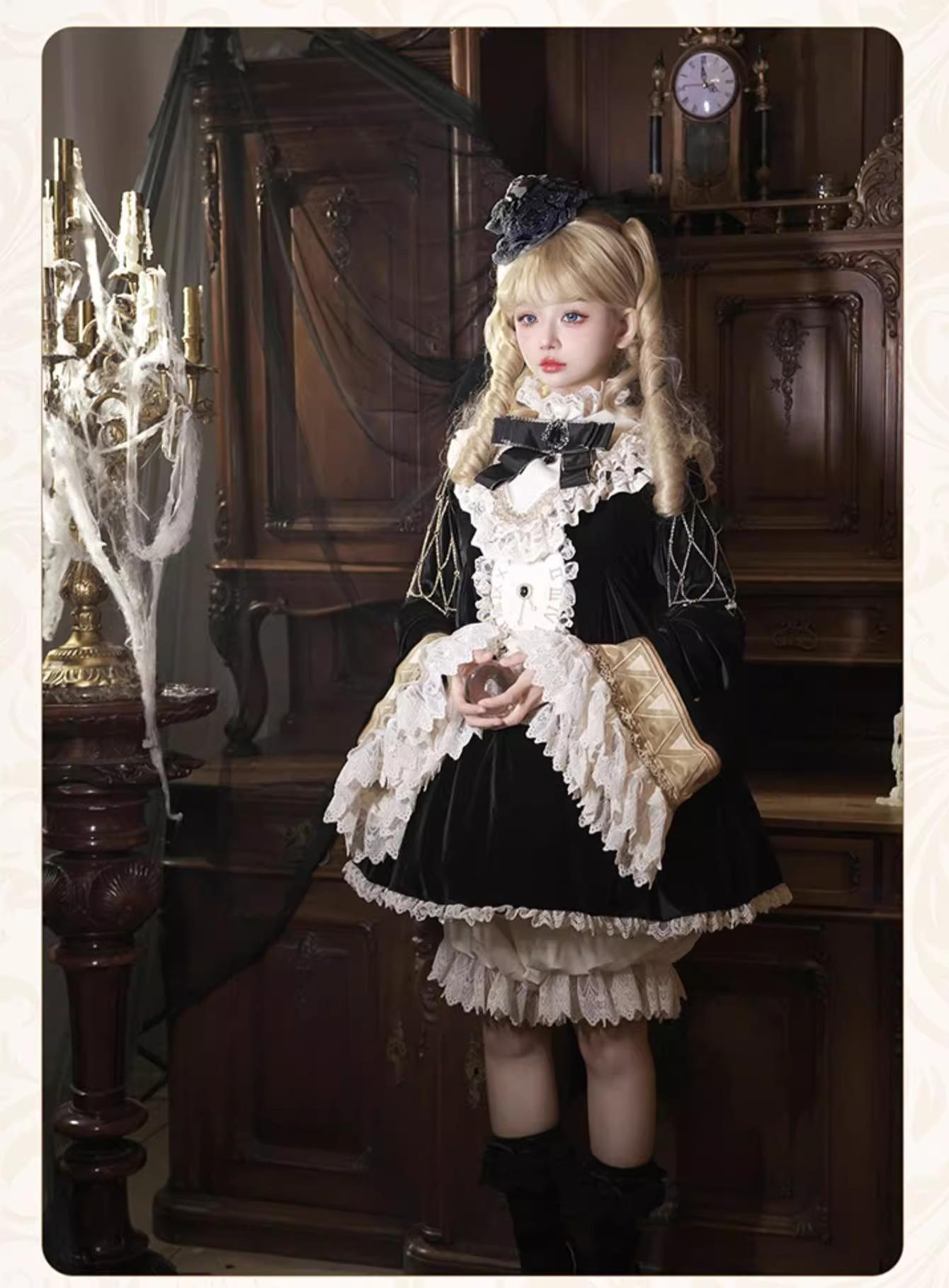LizBird~Reincarnated Clock~Vintage Lolita OP Dress Set Lolita Bloomers