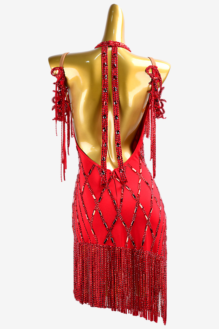 Permino crimson matt lycra Latin dress with stone fringes, lace appliqués, sew-on stones & crystals