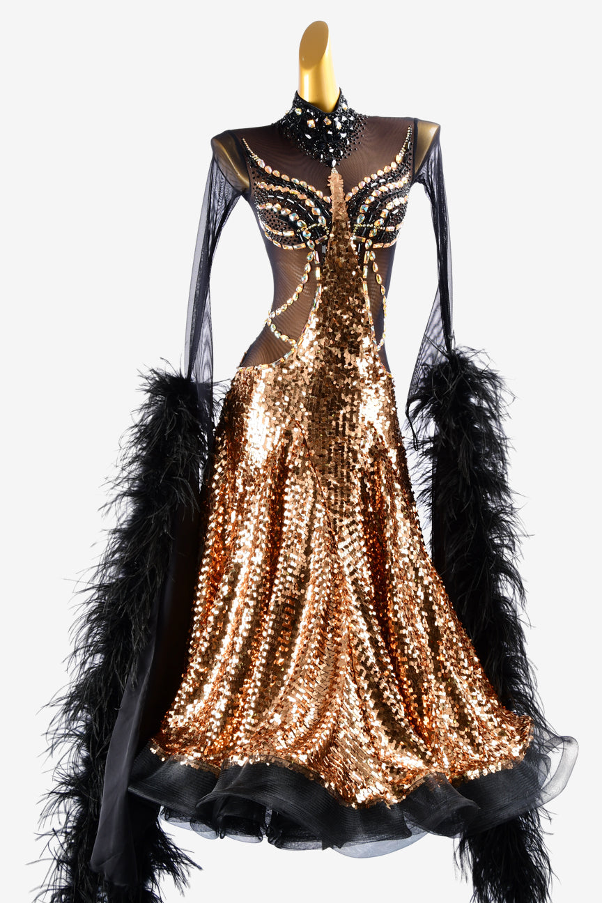 Permino gold sequins fabric Standard dress with black mesh top, crystals & feather boas
