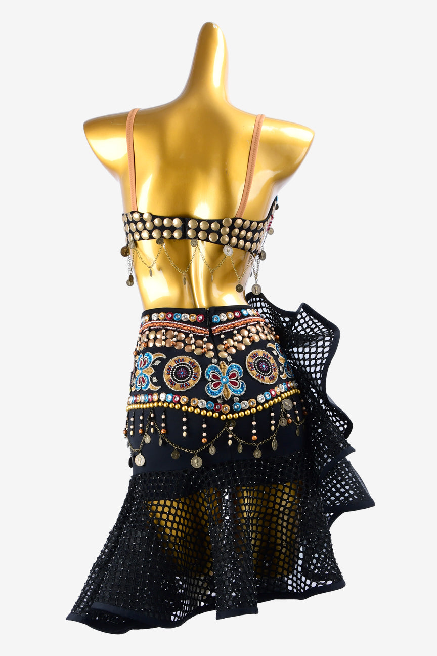 Permino black mysterious retro Latin dress with fishnet skirt, bronze metal decoration & embroidery pattern