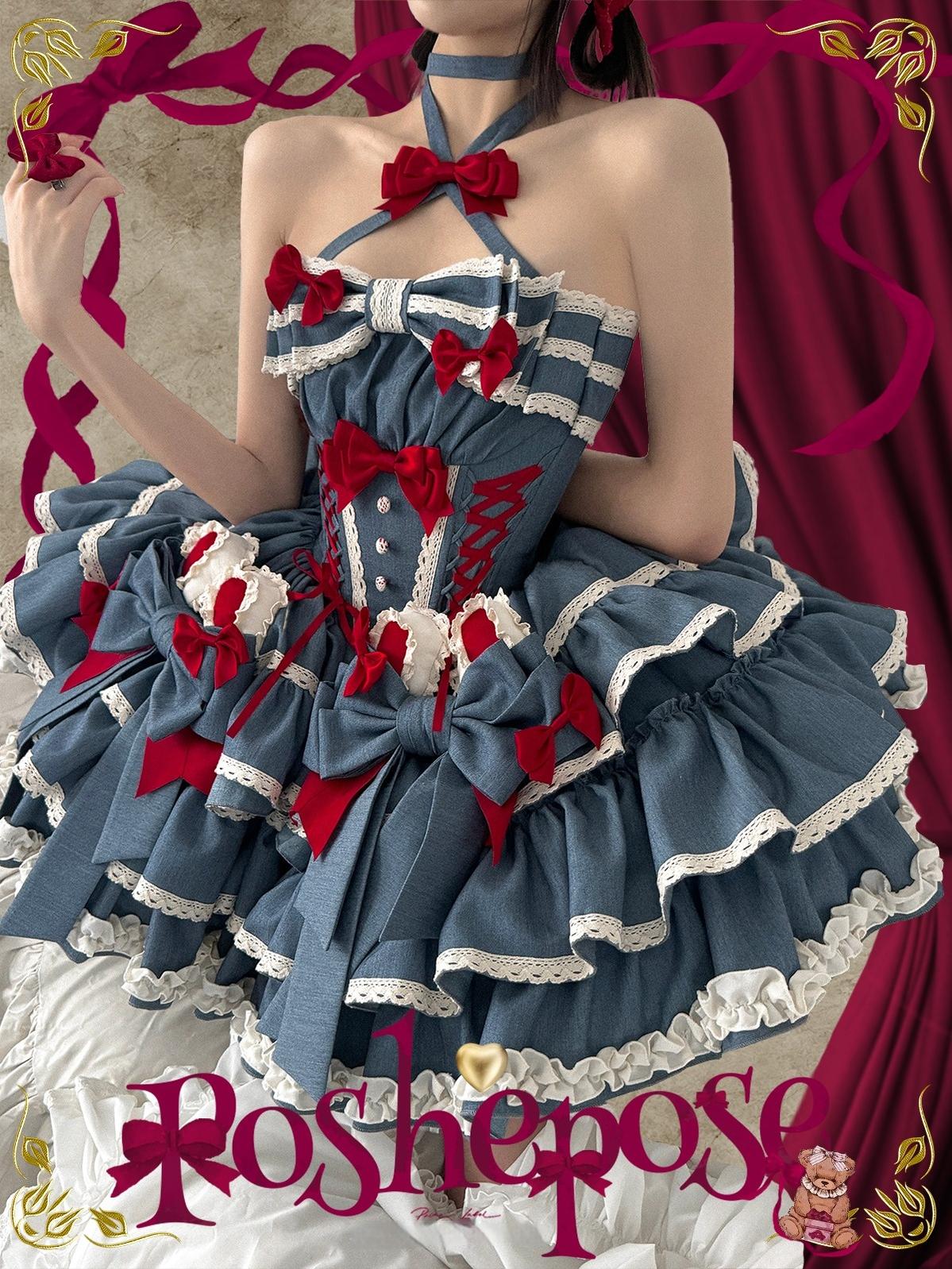 POSHEPOSE~First Cherry Rabbit~Sweet Lolita Dress Halter Neck Jumper Dress and Cardigan