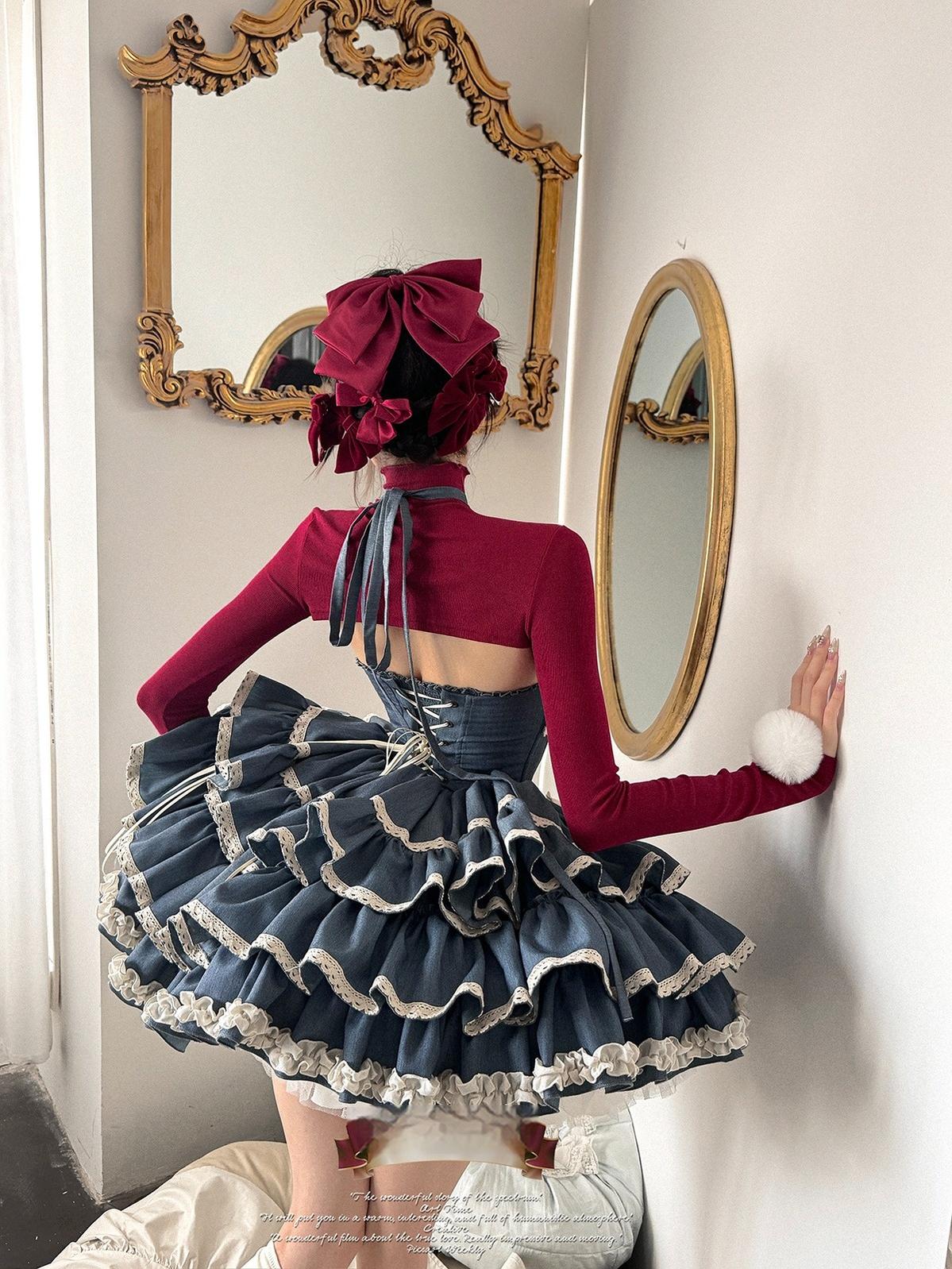 POSHEPOSE~First Cherry Rabbit~Sweet Lolita Dress Halter Neck Jumper Dress and Cardigan