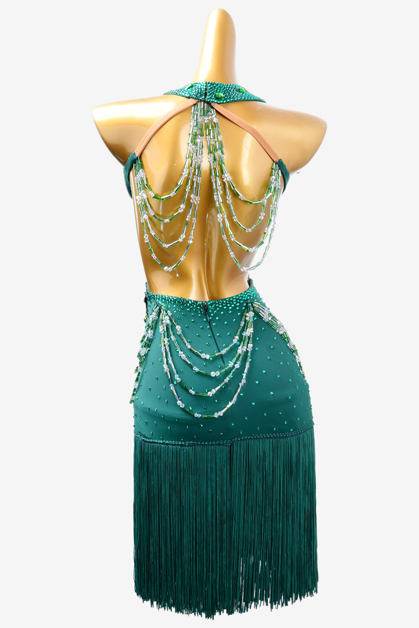 Permino sea green lycra rhythm dress with rhinestone applique, beadings,crystal AB & fringes