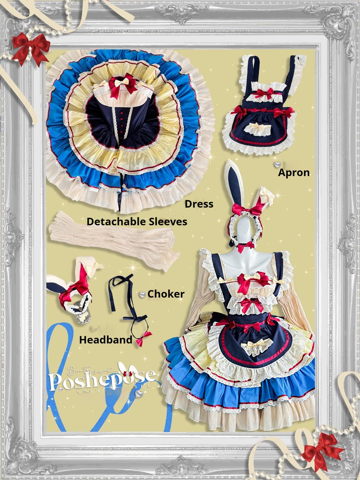 POSHEPOSE~Maid Bunny~Gorgeous Sweet Lolita OP Dress with Detachable Sleeves and Apron
