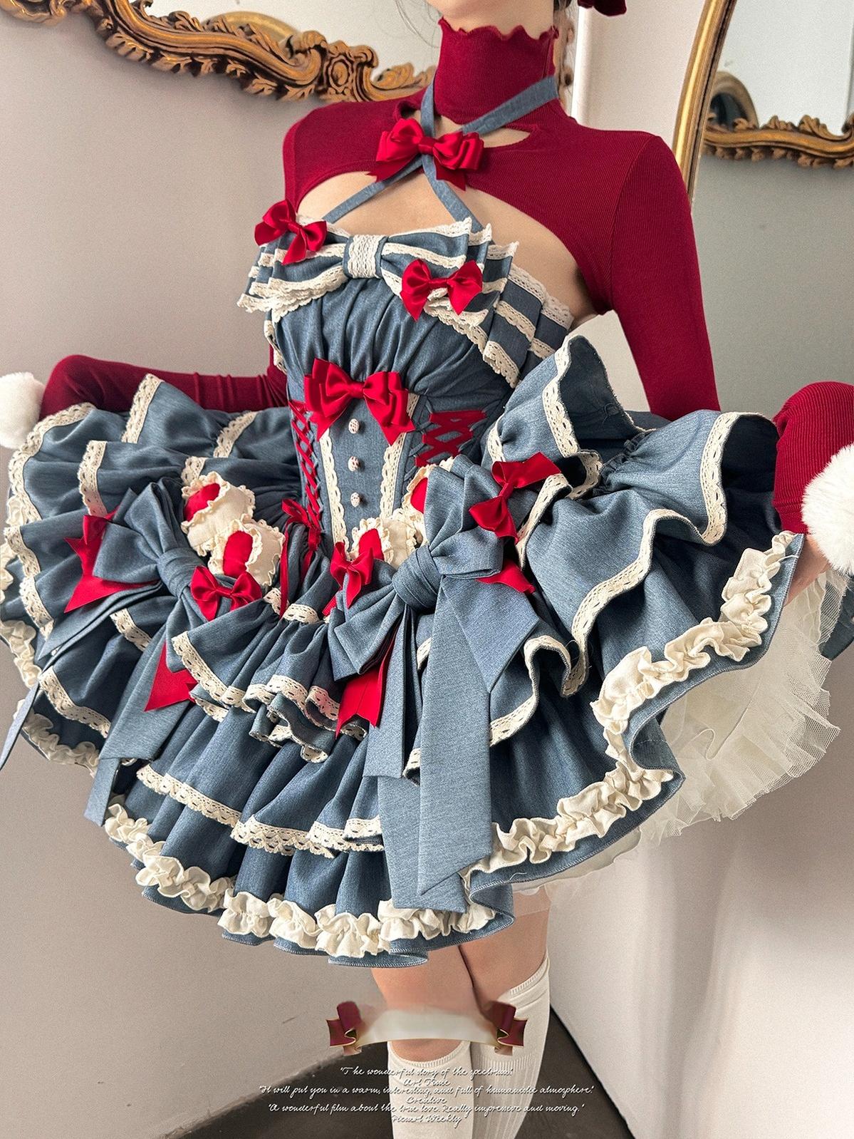 POSHEPOSE~First Cherry Rabbit~Sweet Lolita Dress Halter Neck Jumper Dress and Cardigan