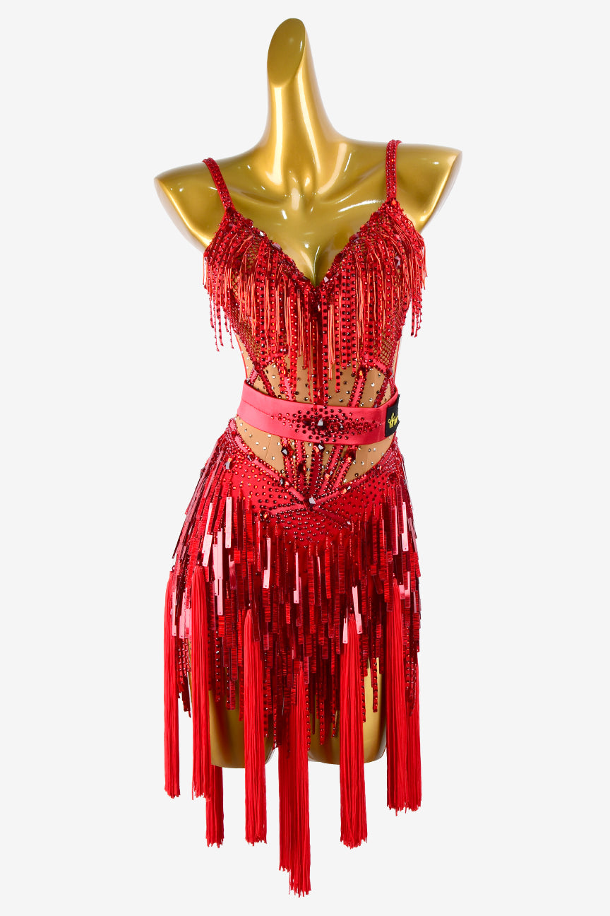 Permino crimson matt lycra Latin dress with stone fringes, sequins, beaded fringes, tassels and crystals