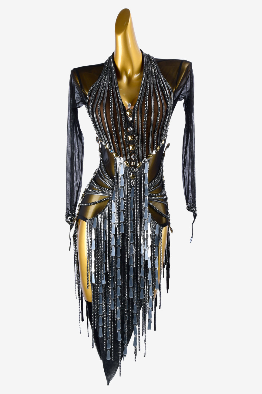 Permino black mesh Latin dress with sone mirror, rhinestones, stone fringes & silver sequins