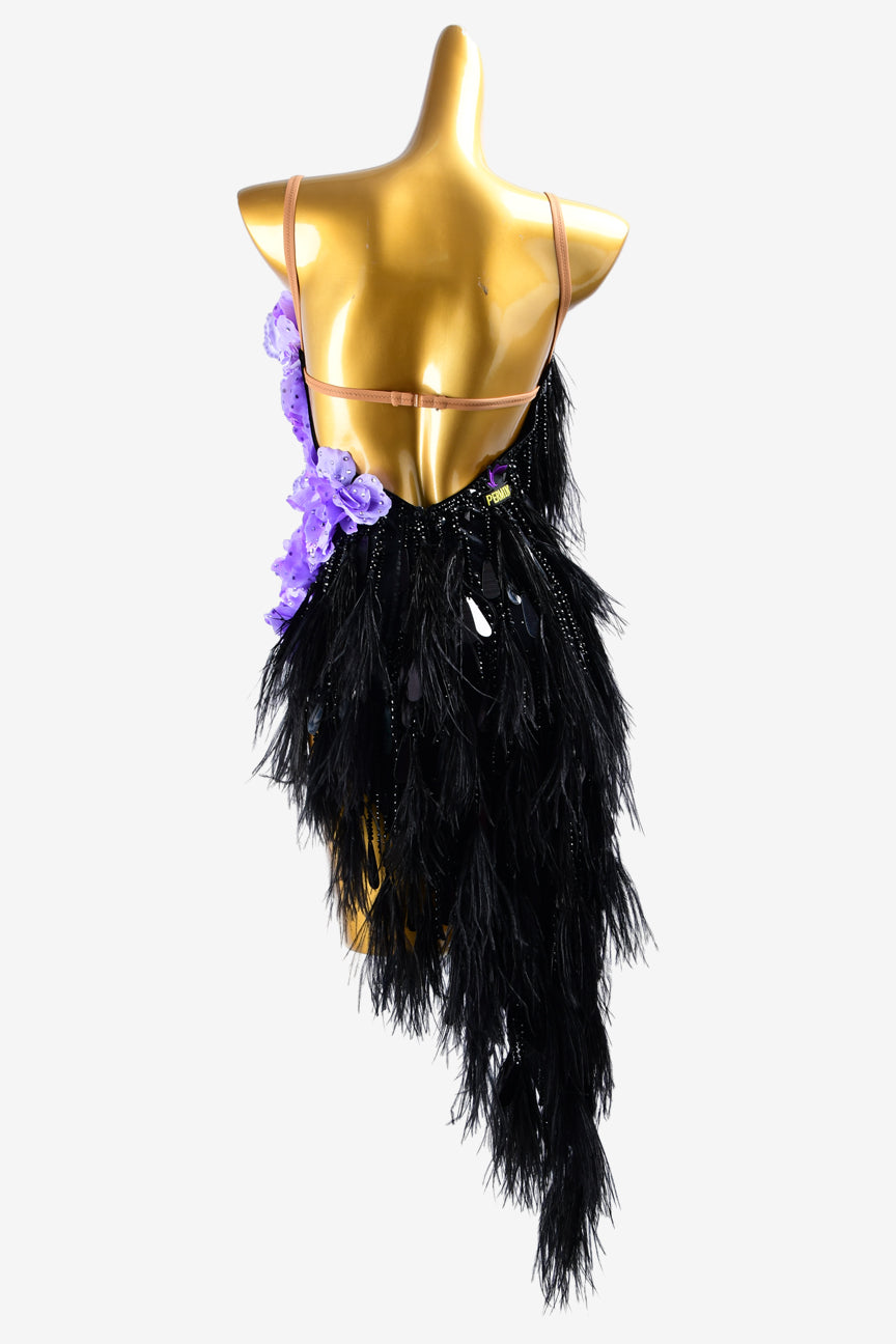 Permino black matt lycra Latin dress with feathers, sequins, rhinestones & medumpurple flower appliques