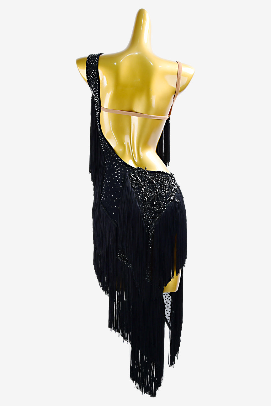 Black fringe Latin dress with crystal lace appliqué