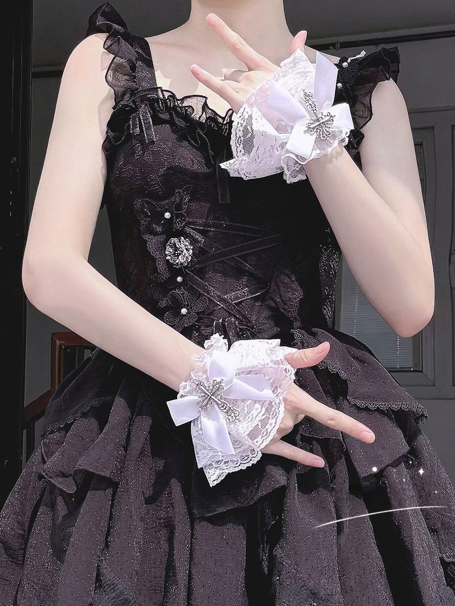 Hua Nai Cat~Gothic Lolita Cuffs with Cross Black and White Hand Sleeve
