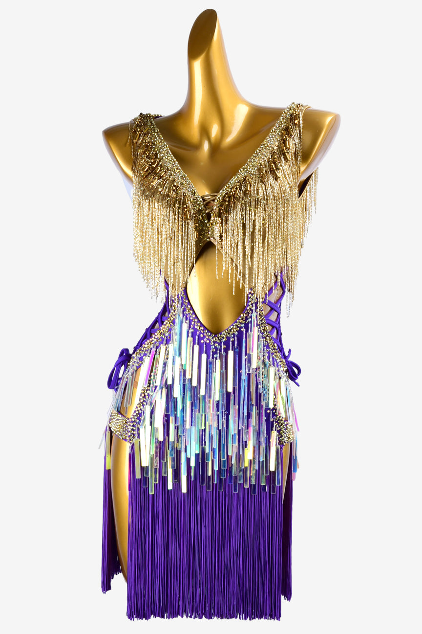 Permino violet Latin dress with gold dress top with beaded fringes, rhinestones, fringes & sequins