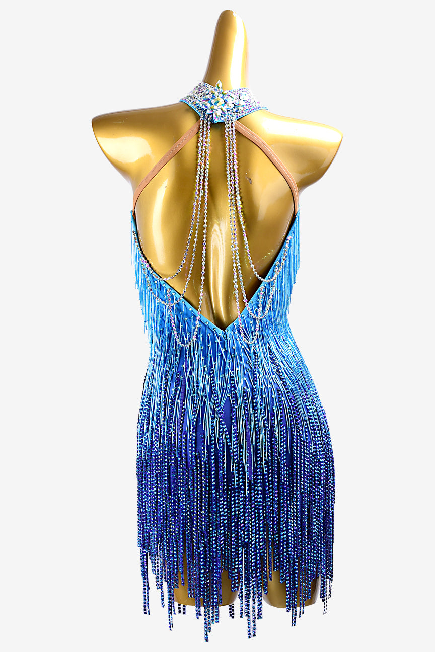Permino dark blue shaded Latin dress with fully beaded fringe, stone fringes, AB crystals & sew-on stones