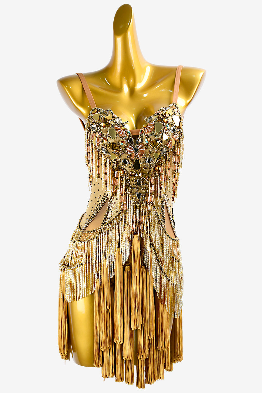 Permino gold dot shine lycra Latin dress with tassels, mirror stones, crystal AB & beaded fringes