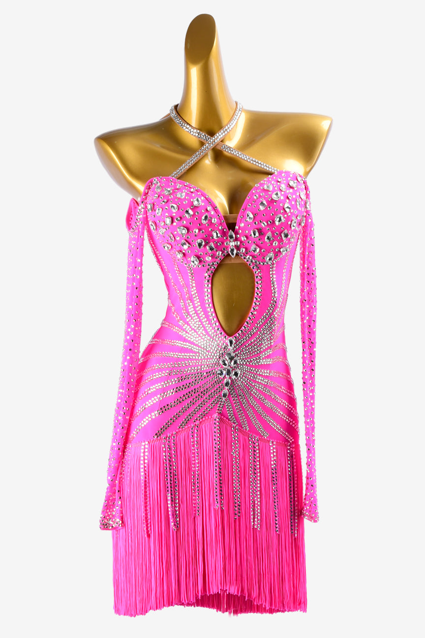 Permino light pink lycra Latin dress with stone fringes, fringes, silver crystals & sew-on stones