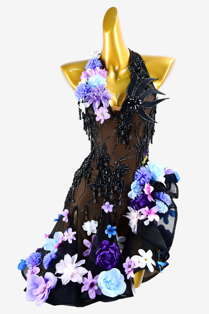Permino black mesh Latin dress with ruffle fishbone skirt, beadings, crystals & flower applique