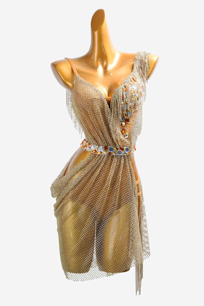 Permino crystal fishnet Latin dress with  AB cystals & sew-on stones