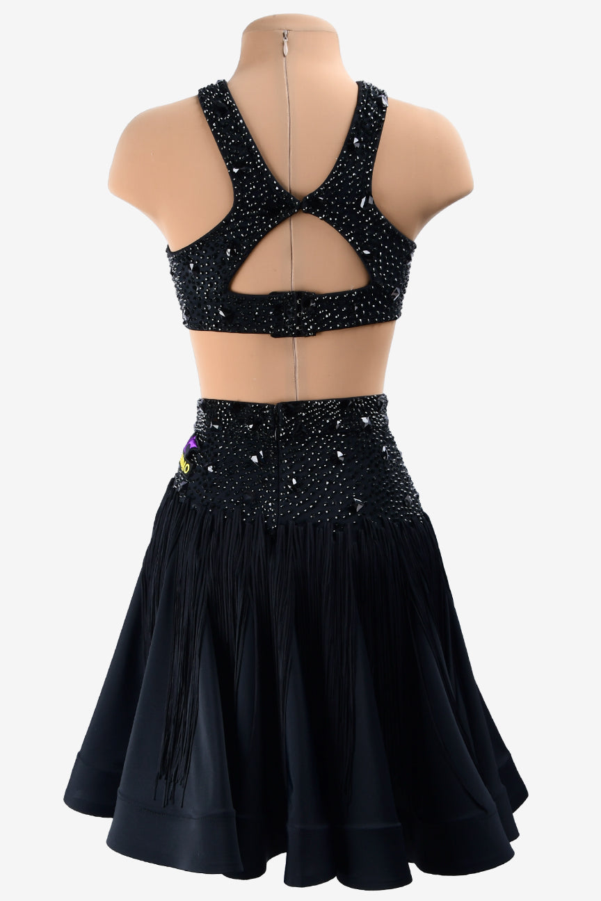 Permino black matt lycra Latin dress with beaded fringe, tassels, crystals & sew-on stones