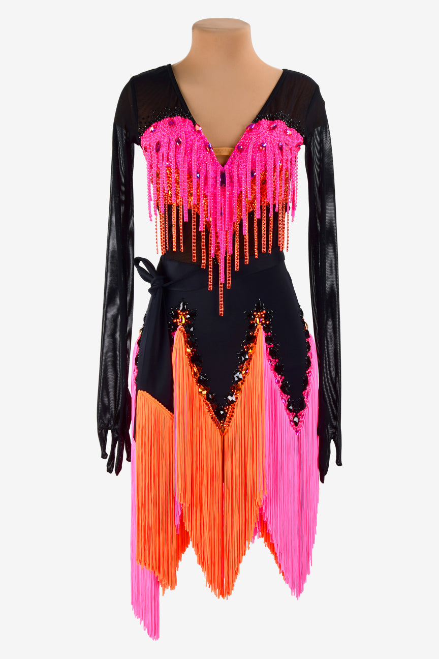 Permino black mesh Latin dress with stone fringes, rhinestone, sew-on stones & orangered mix pink fringes
