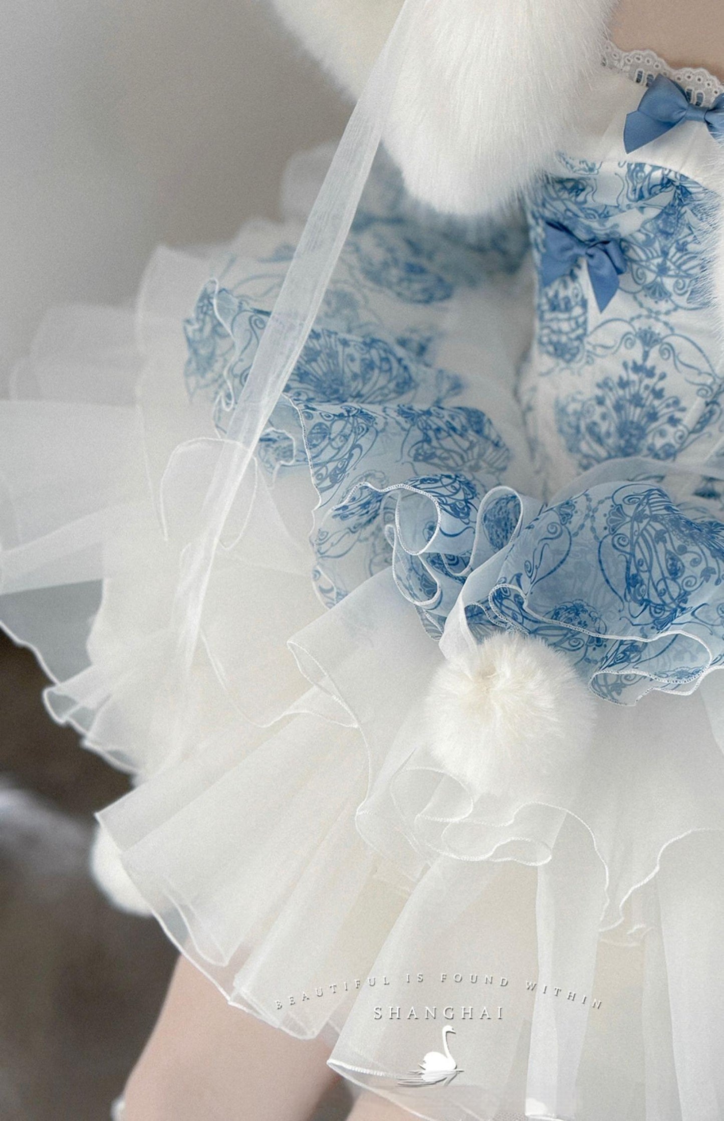 POSHEPOSE~Blue and White Porcelain~Princess Lolita JSK Dress Plush Cape