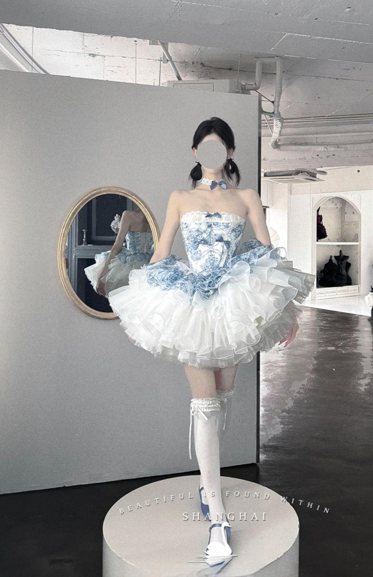 POSHEPOSE~Blue and White Porcelain~Princess Lolita JSK Dress Plush Cape