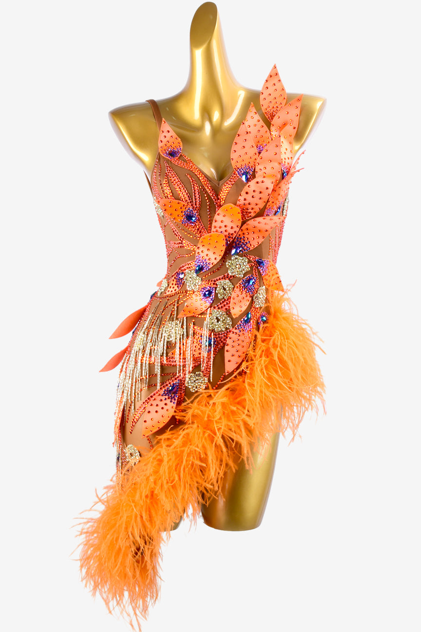 Permino sun oranger mesh Latin dress with rhinestone applique, beaded fringes, feathers & crystals