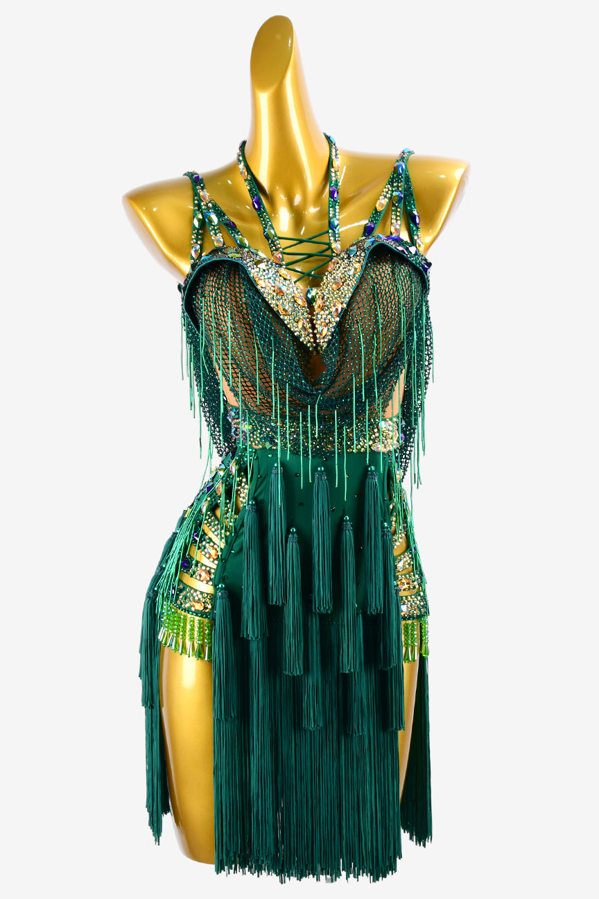 Permino turquoise green Latin dress with beaded fringe, crystal fishnet, tassels and AB stones
