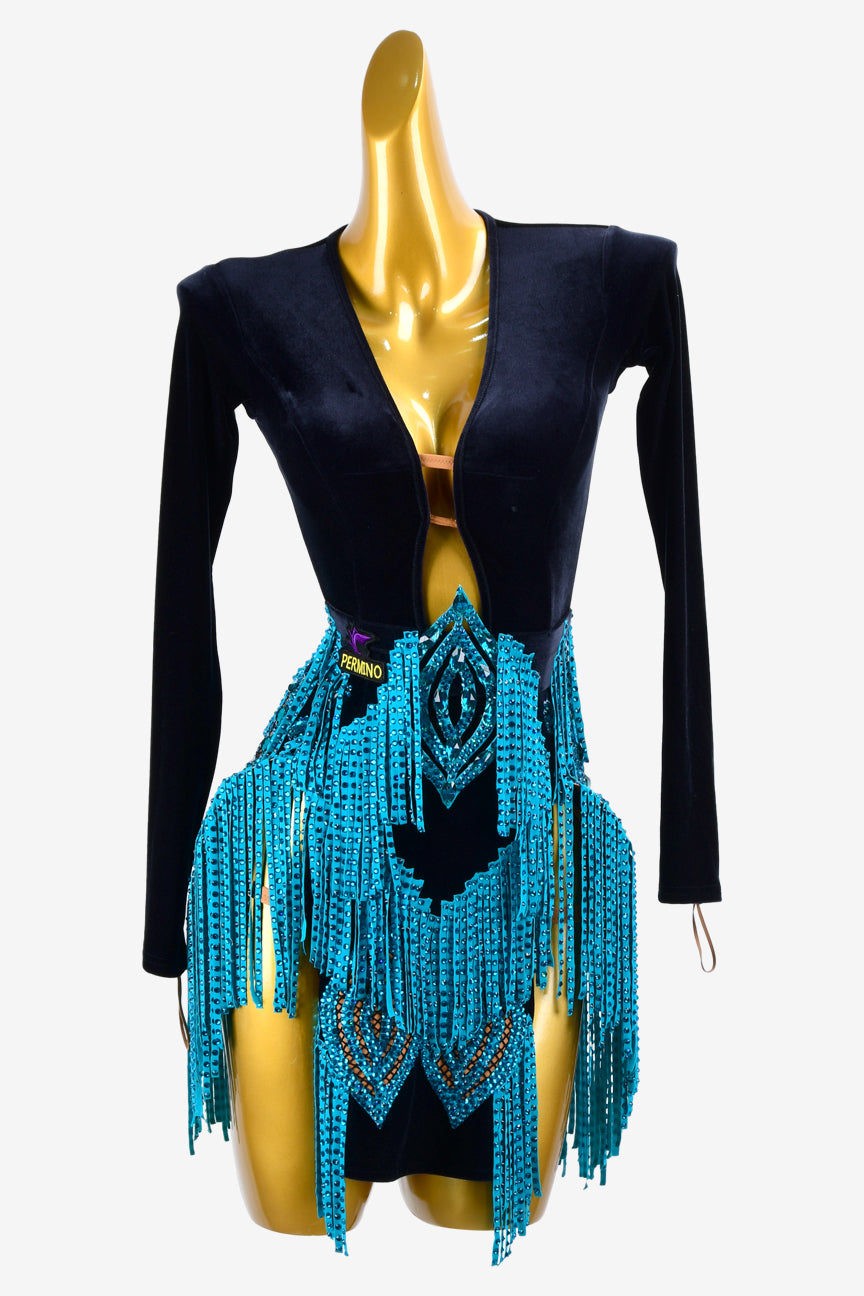Permino black stretch velvet Latin dress with steelblue stone fringes & rhinestone
