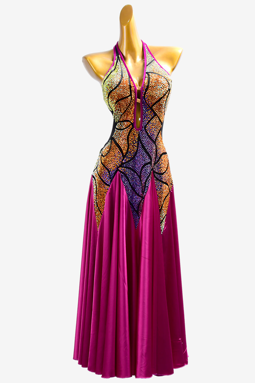 Permino mediumvioletred Smooth dress with stretch satin underskirts with gold shaded purple rhinestone