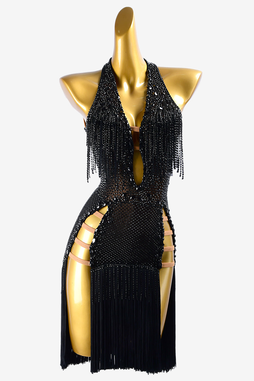 Permino black mesh Latin dress with crystal fishnet underskirt, beaded fringes, rhinestones & fringes