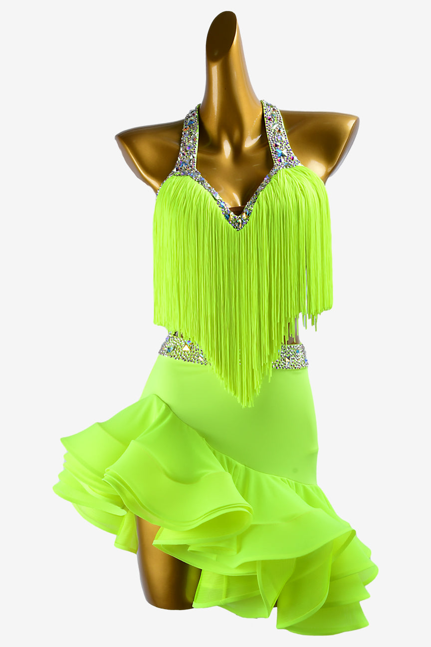 Permino light lime green matt lycra Latin dress with fringes, AB stones & sew-on crystals