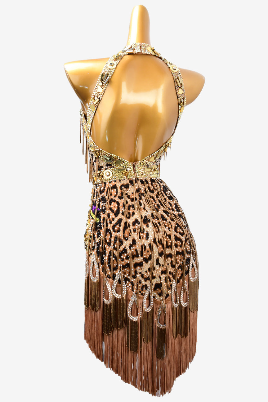 Permino leopard print lycra rhythm dress with beaded fringes,brown fringegs, gold crystals & rhinestones
