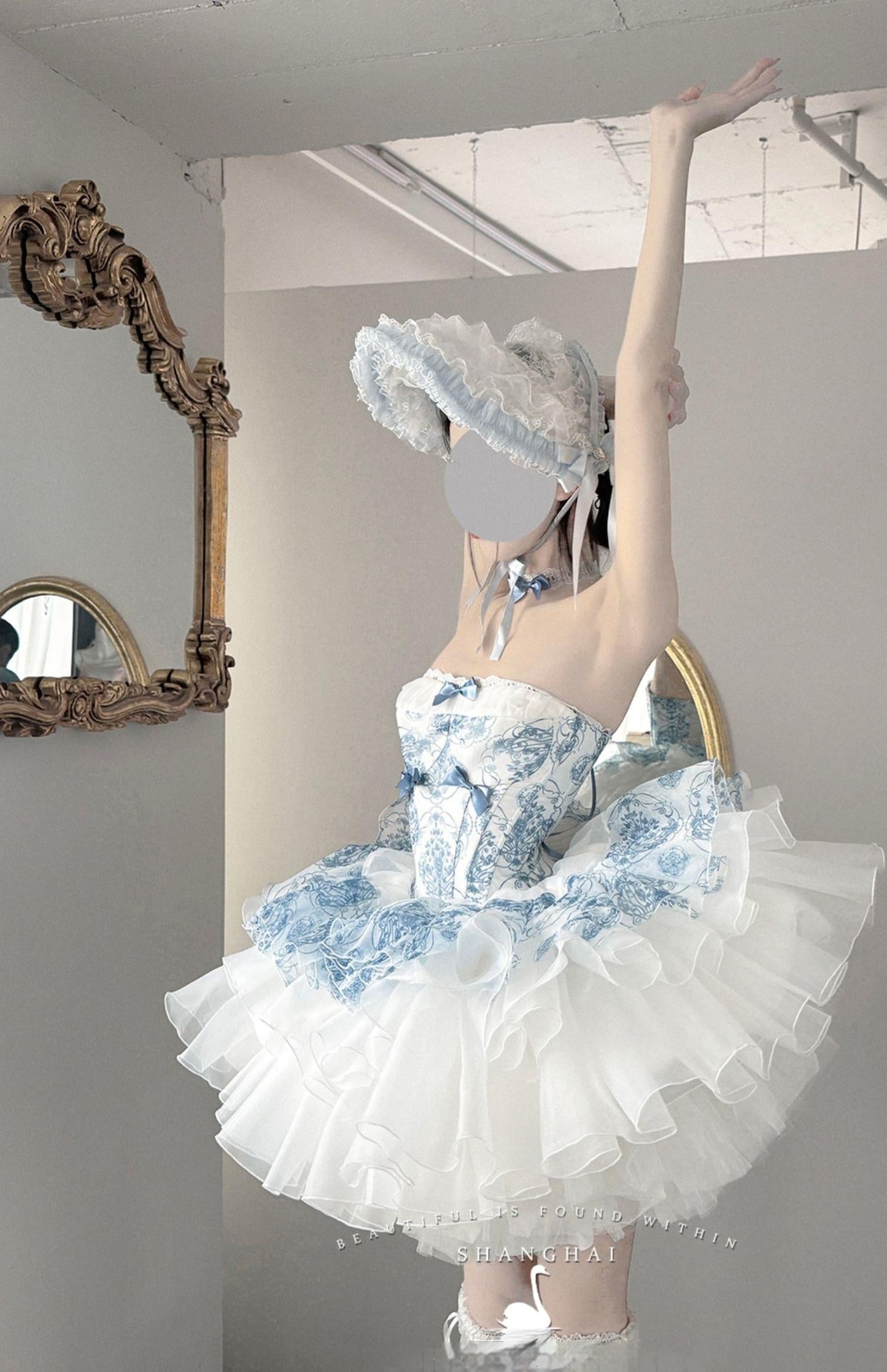POSHEPOSE~Blue and White Porcelain~Princess Lolita JSK Dress Plush Cape