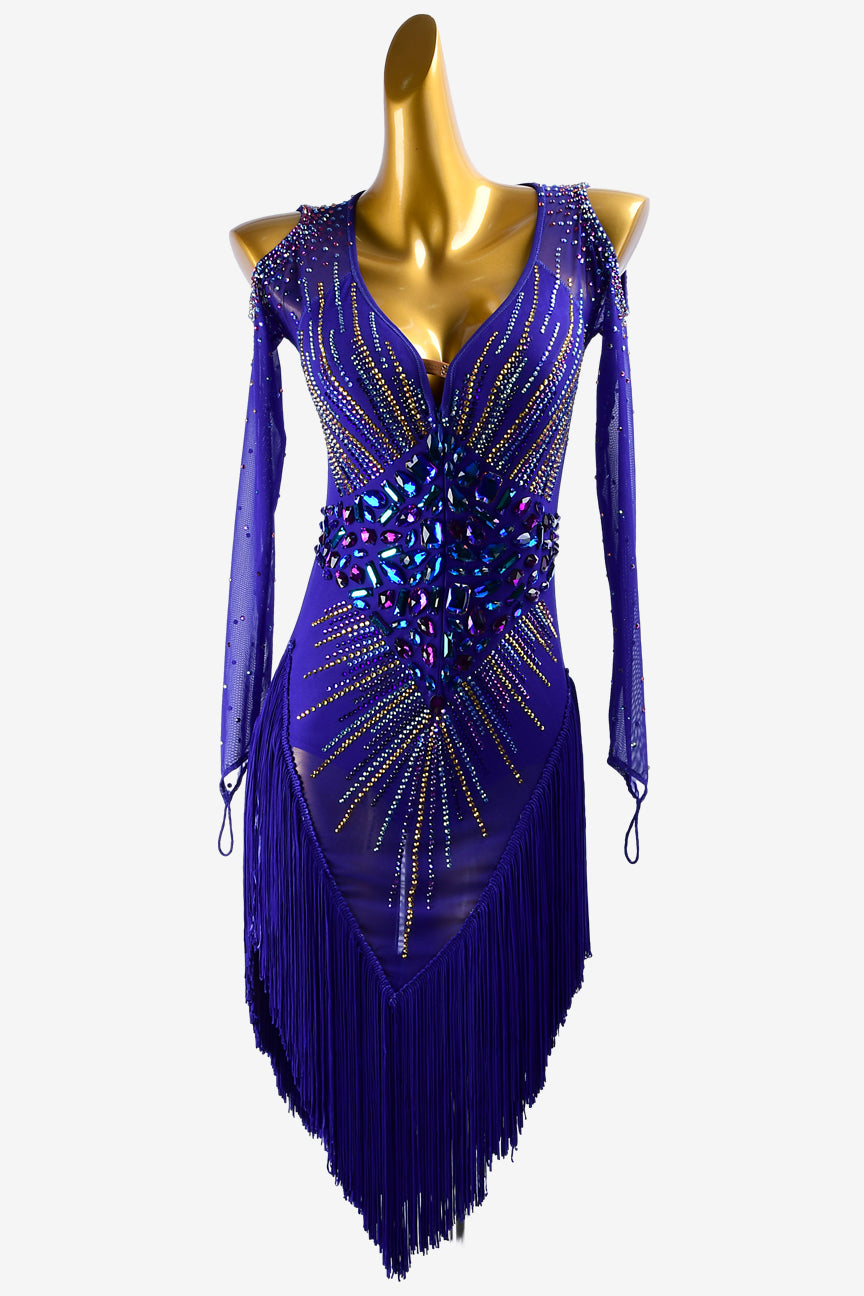 Permino violet orchid mesh long sleeves and off-shoulder Latin dress with fringes, AB sew-on stone & crystals