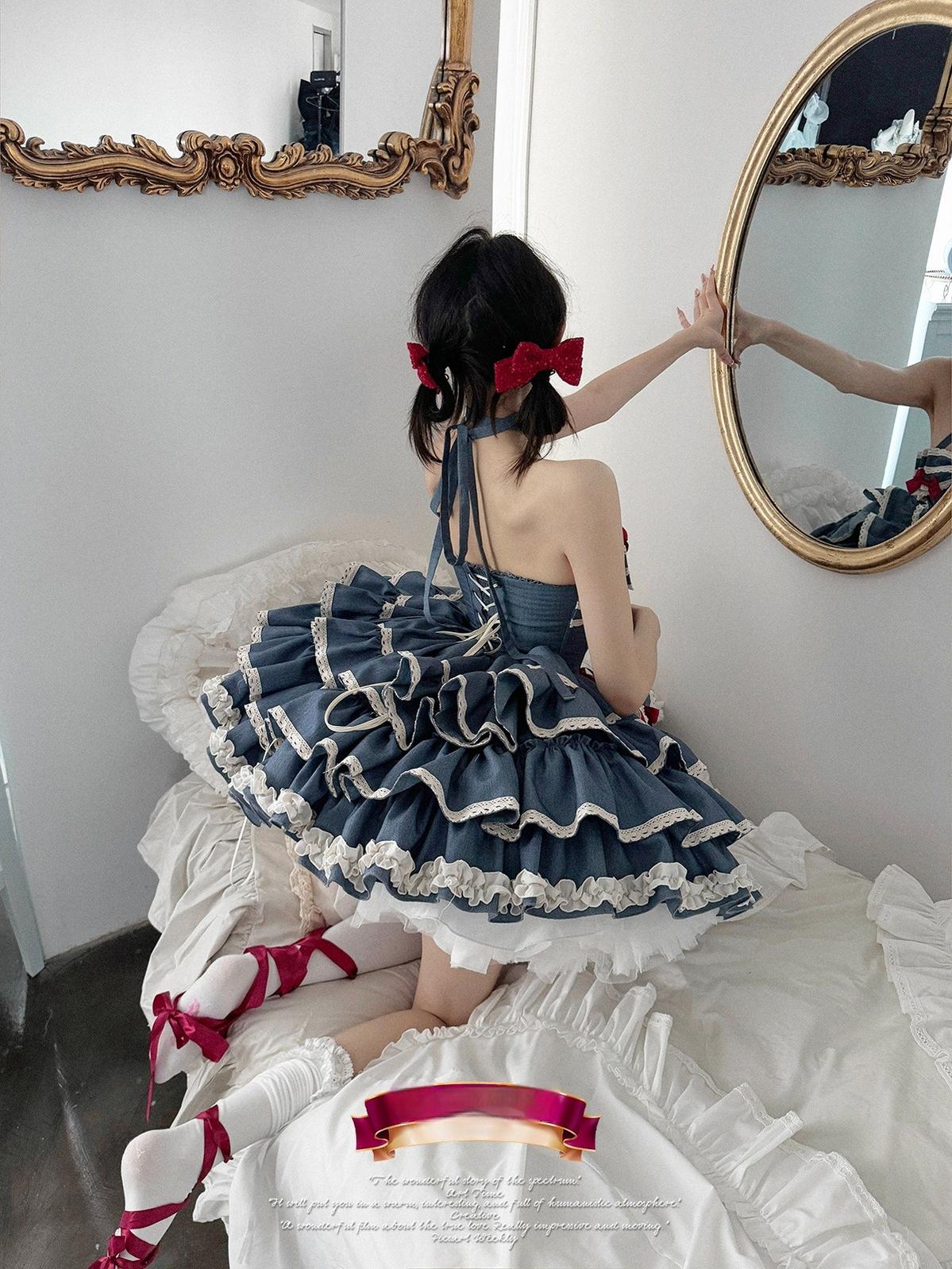 POSHEPOSE~First Cherry Rabbit~Sweet Lolita Dress Halter Neck Jumper Dress and Cardigan
