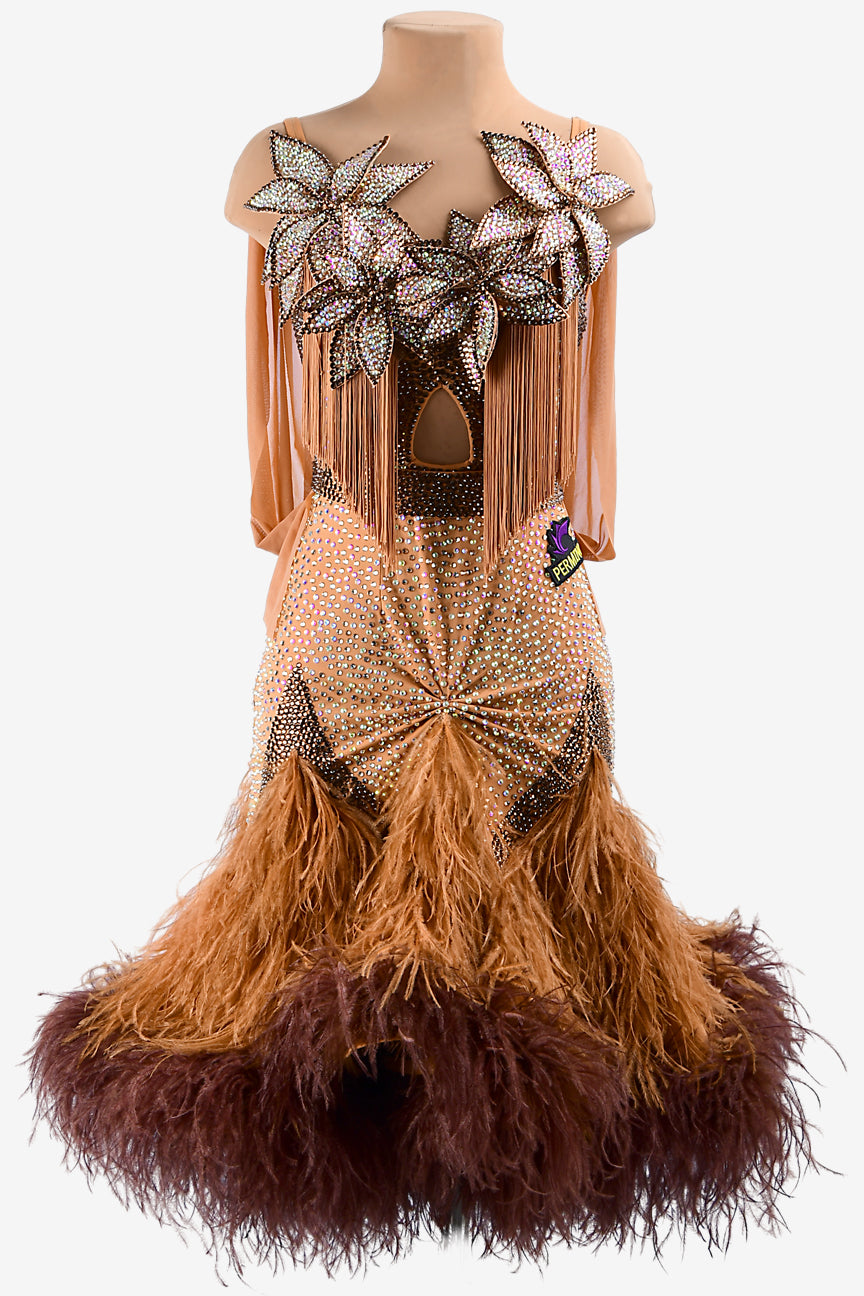 Permino fleshtone lycra Latin dress with draped ruching mesh, feathers & crystal AB