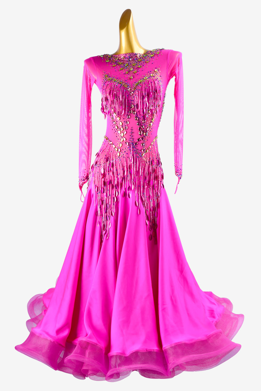 Permino rose mesh Standard dress with pearl chiffon underskirt, sequins, beaded fringes, crystals & sew-on stones