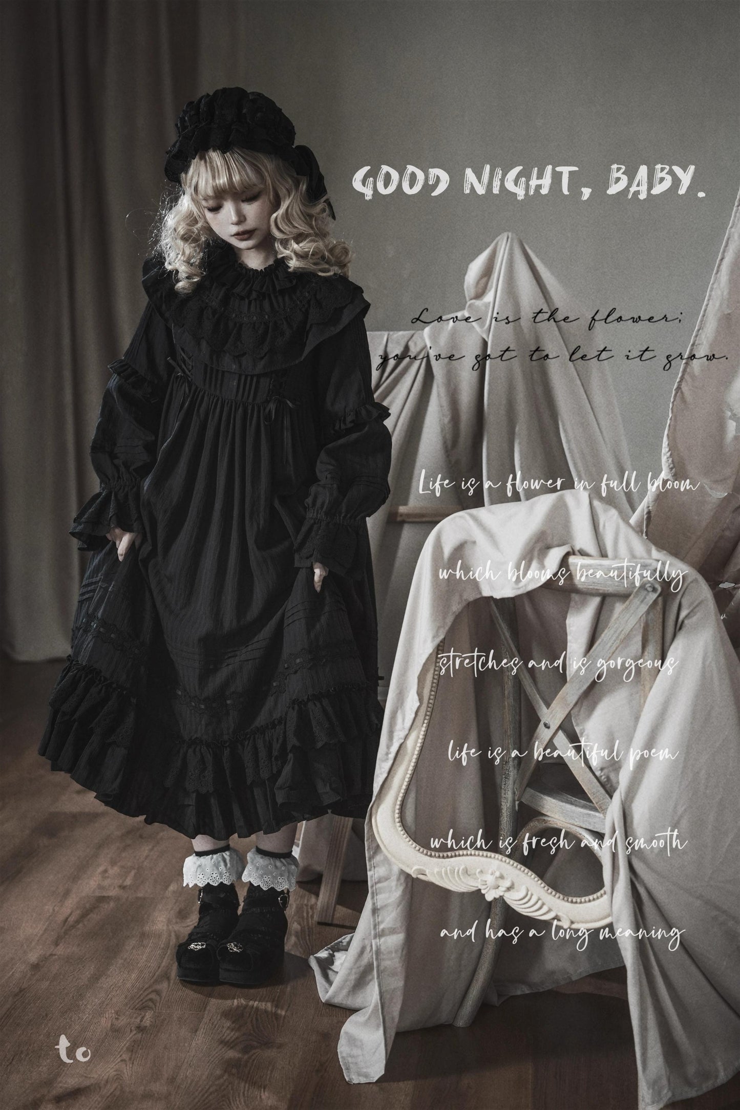 Sanshanjiu~Goodnight Black~Gothic Lolita Black OP with Round Cape Collar