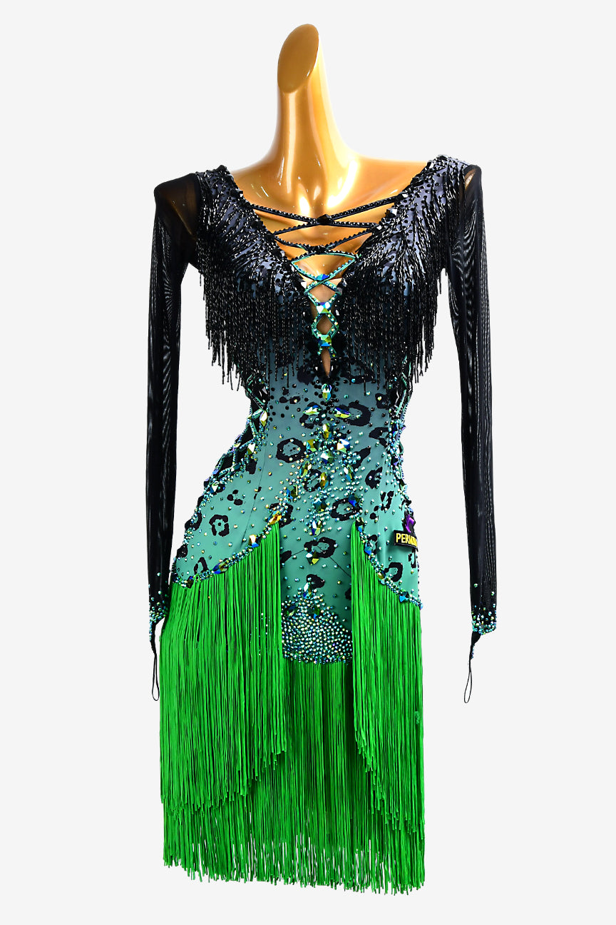 Permino black shaded mediumaqumaarine Leopard Latin dress with black beaded fringe, AB stones and green fringes