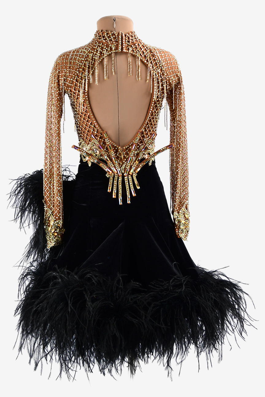 Permino fleshtone crystal fishnet Latin dress with black underskirt & feathers, gold beaded fringes & lace appliqués